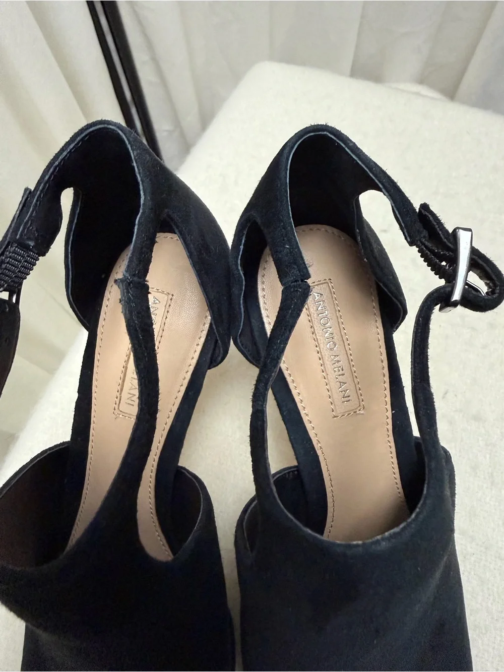 ANTONIO MELANI Black Suede Open-Toe Ankle-Strap Heels